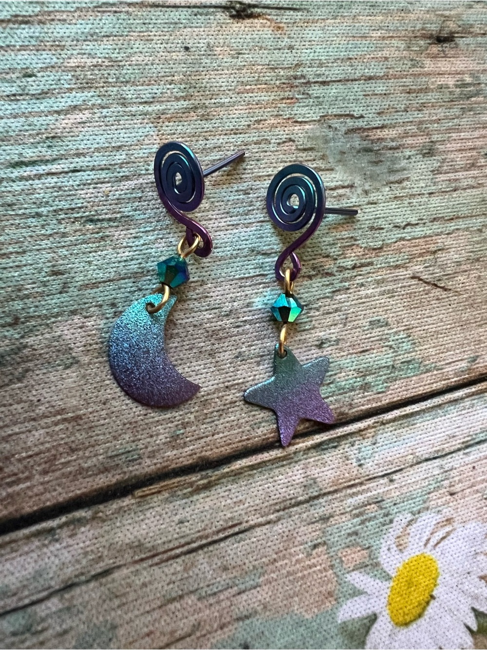 Iridescent Moon & Star Dangle Earrings - Purple Green